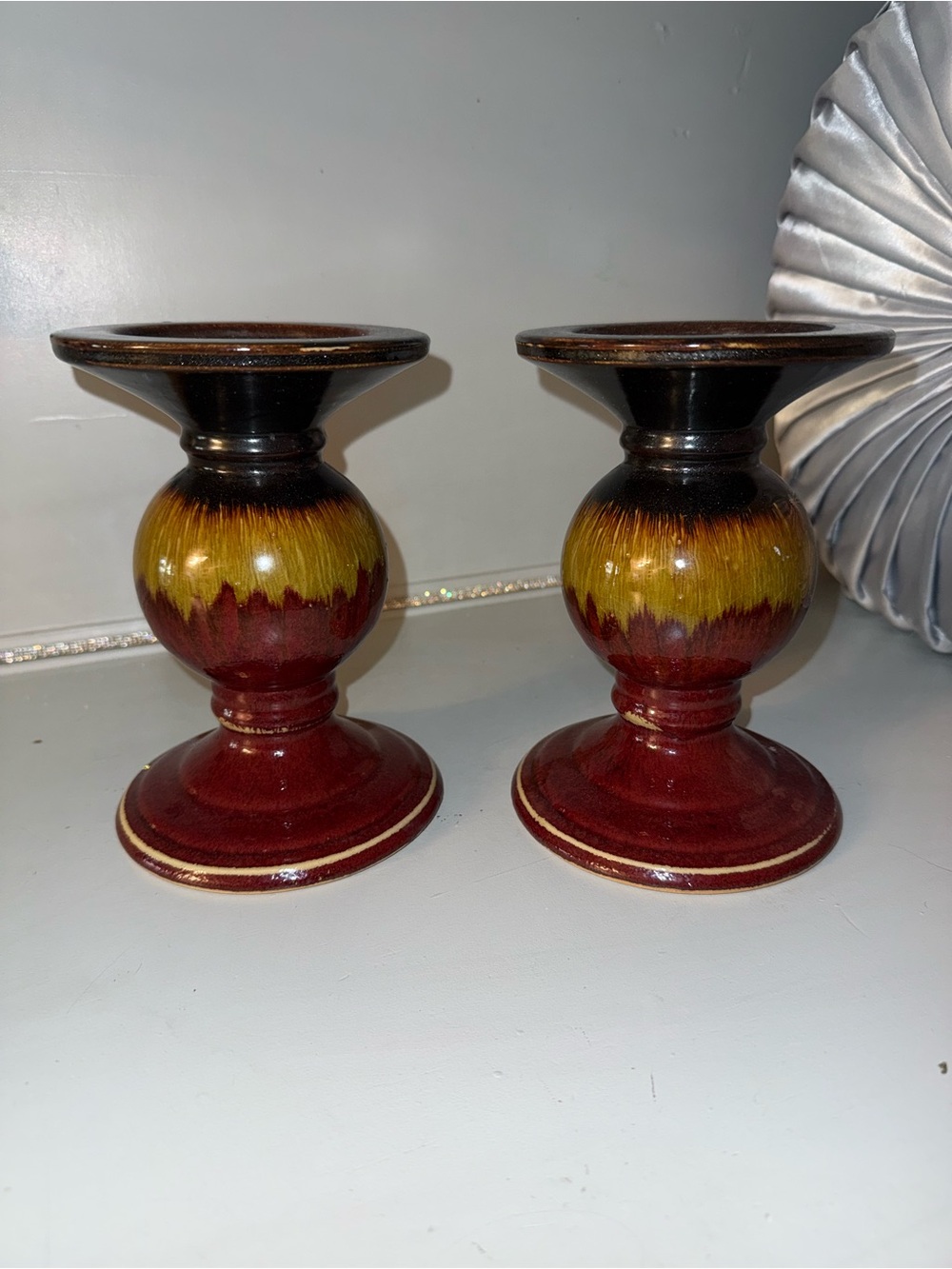 Pier 1 imports 2 candle holders stand ceramic glass brown red